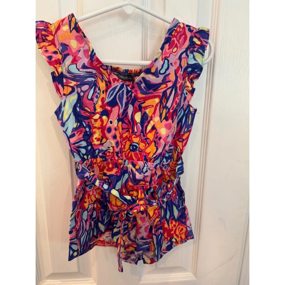 Vince Camuto Romper Multi-Color Abstract Floral Ruffle Smocked Tie Waist Kids 3T